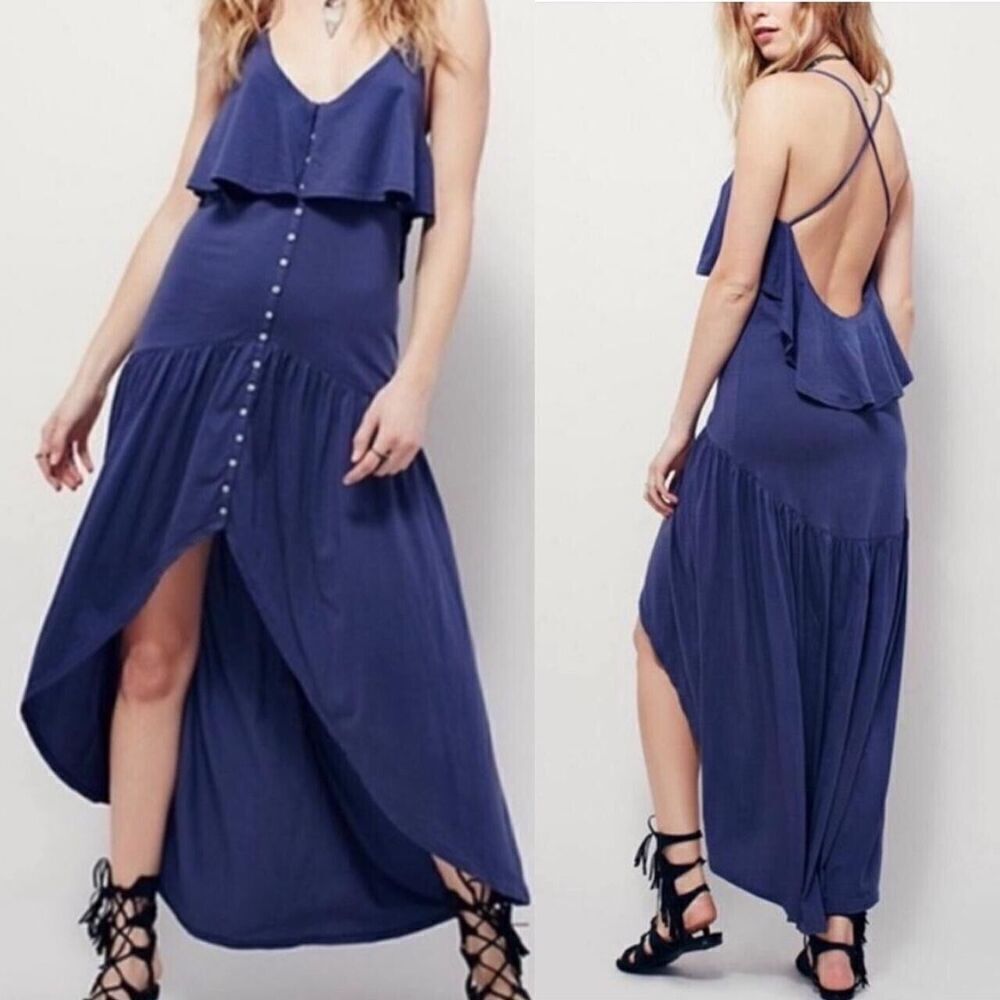 Free People Beach Dress High Low Blue Women Medium Boho Blue Sleeveless